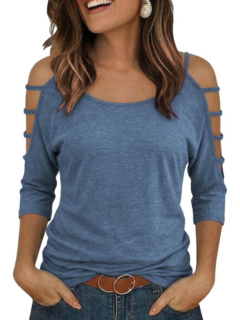 Women's Blue Scoop Neck Cold Shoulder Tops Sleeve Casual Trendy Tunic T Shirts